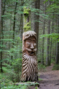 Geschnitzter Baumstamm im Waldspielgelände Spiegelau